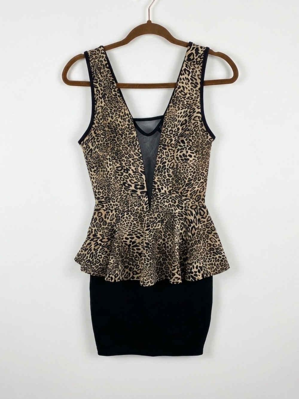 Vintage Cameo USA Leopard Peplum Bodycon Dress‎ Mesh V-Neck Med Y2K 90s